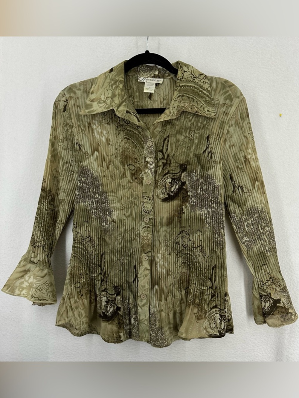 Dress Barn Crinkle Paisley Long Sleeve Button Blouse Womens Medium Green